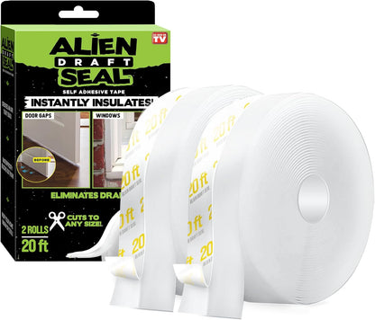 Alien Draft Insulation Tape Transparent Silicone Weather Stripping Door Seal Strip and Under Door Draft Stopper for Windows and Door Bottoms As Seen On TV (20 Feet - 2 Rolls)