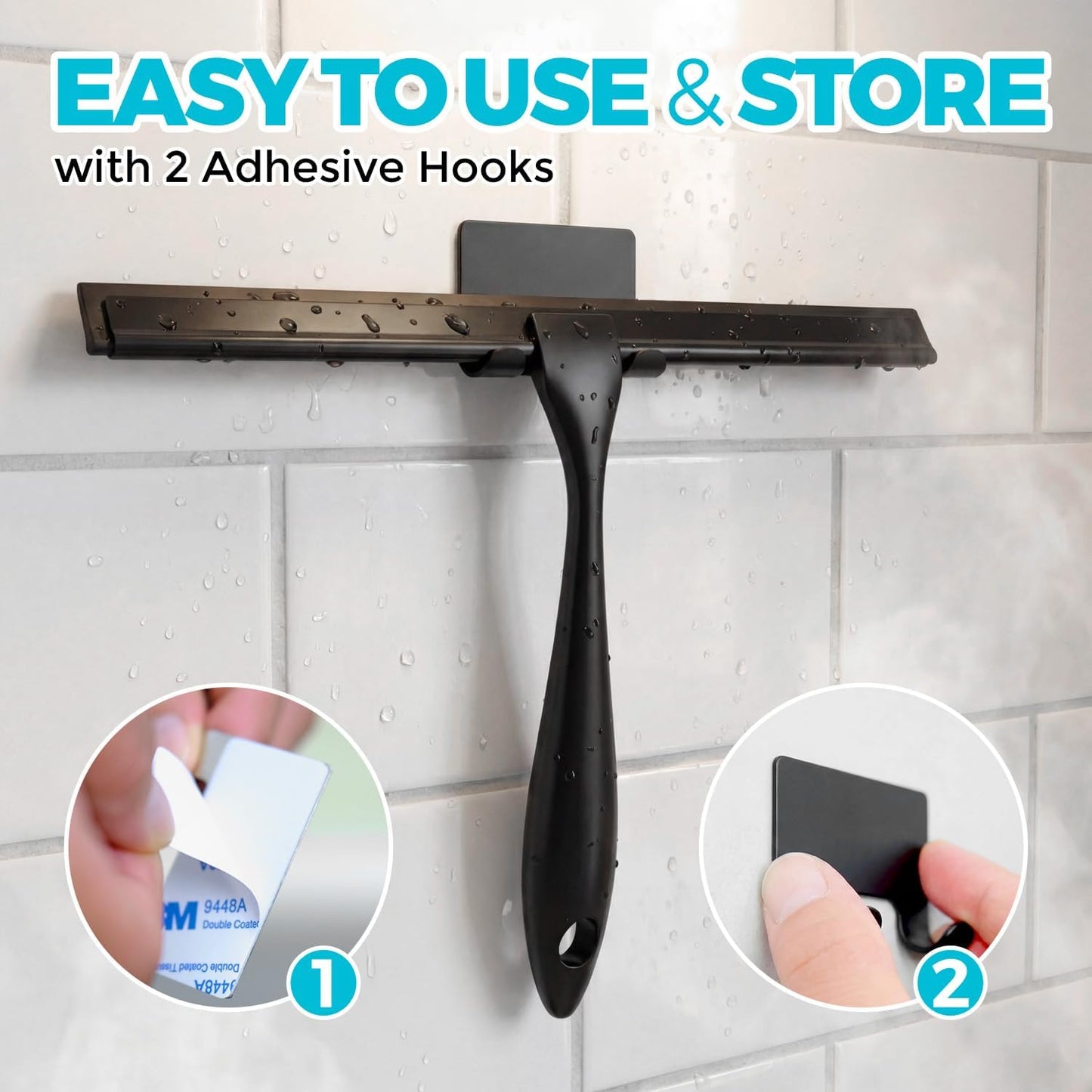 2pcs Shower Squeegee for Glass Doors with Adhesive Hanging Hook Set | 10” Silver, Bathroom Accessories, Window Cleaner, New Home Essentials, Soft Rubber Blade, Metal Handle, Ergonomic Grip