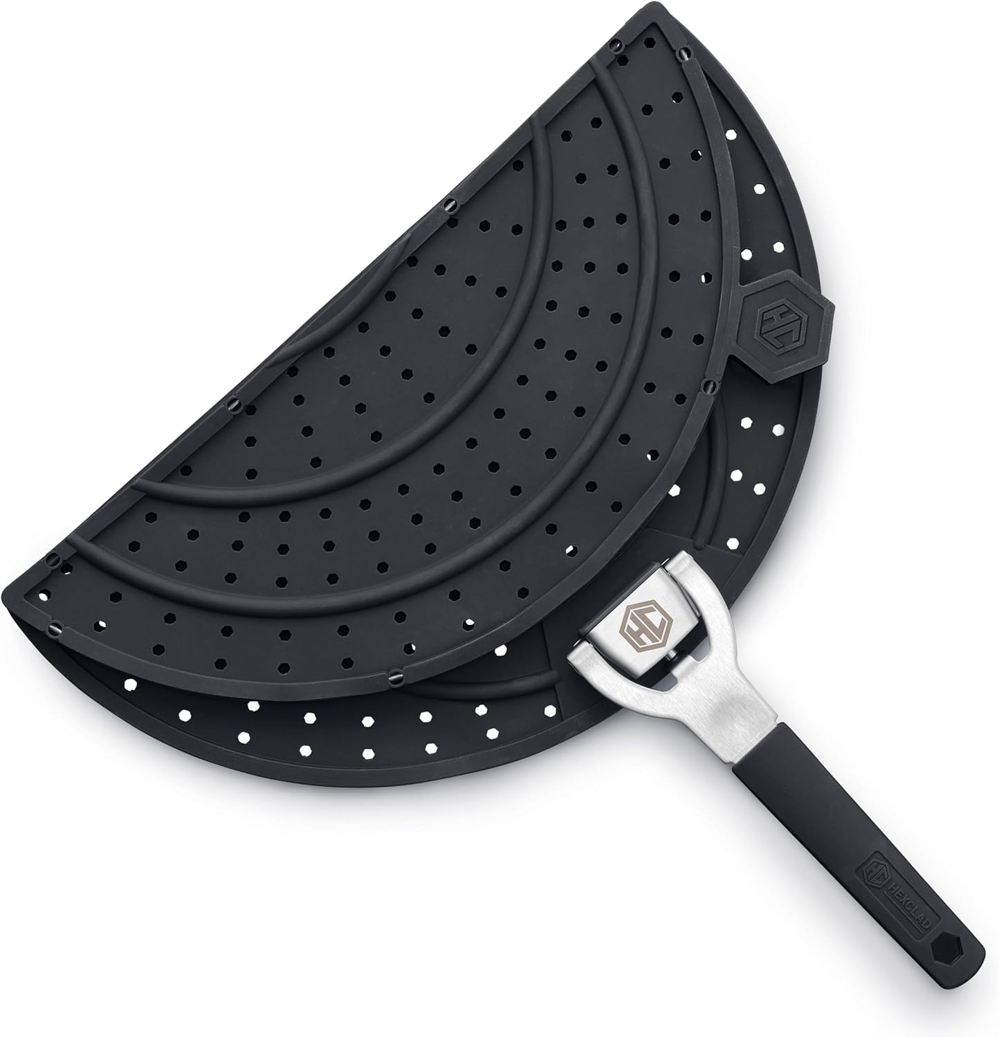 HexClad Folding Grease Splatter Screen for Frying, Up to 12" Pans | Folding Design, Heat-Safe to 480°F, Stay-Cool Locking Handle, Silicone and Stainless Steel, Dishwasher-Safe