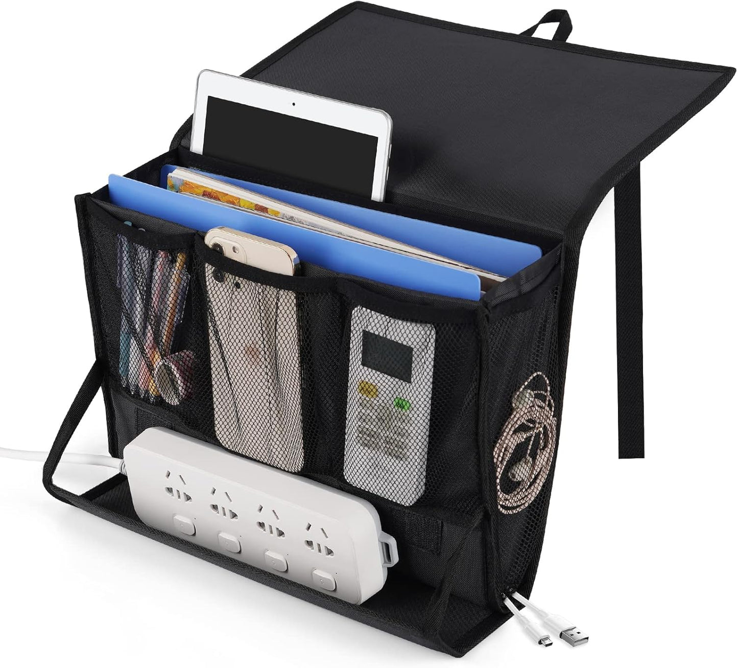 Bedside Caddy Organizer for Dorm Bed Rails with 7 Pockets, Gray | Bed Pockets Bedside Storage with Power Strip Holder & 2 Adjustable Straps for Home, College, Dorm, Hospital Bedside Organizer