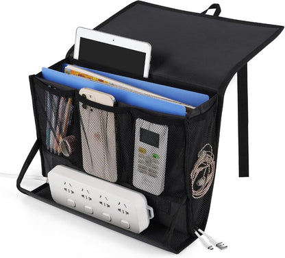 Bedside Caddy Organizer for Dorm Bed Rails with 7 Pockets, Gray | Bed Pockets Bedside Storage with Power Strip Holder & 2 Adjustable Straps for Home, College, Dorm, Hospital Bedside Organizer