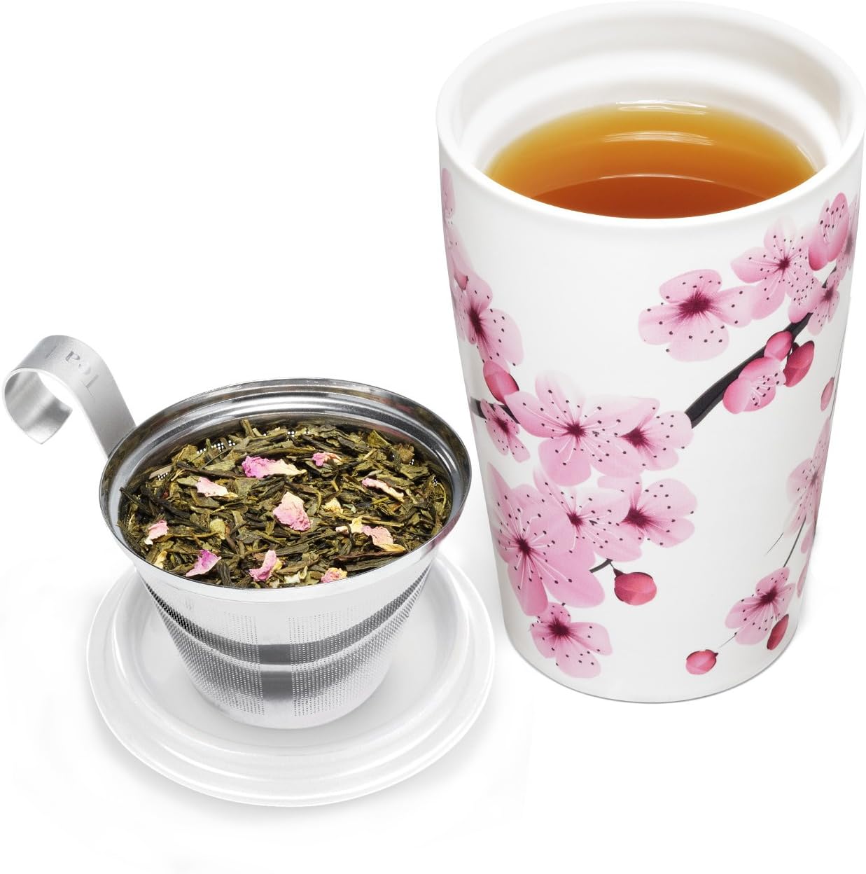 Tea Forte Double-Walled Ceramic Kati Cup, Noir, 12 oz | Insulated Ceramic - Stainless Steel Loose Leaf Infuser - Keeps Tea Hot Longer - Lid Included - Microwave & Dishwasher Safe
