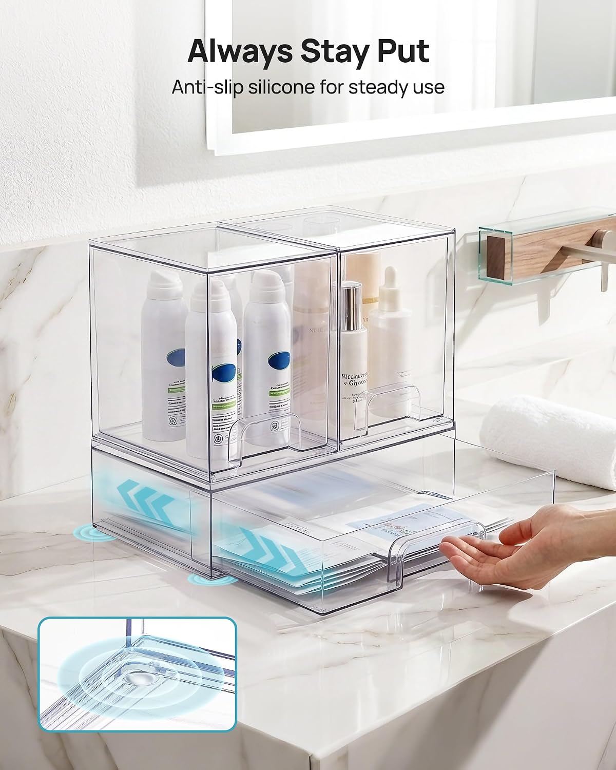 Vtopmart Clear Stackable Storage Drawers Set of 6, Plastic Organizer Bins | Multi-purpose Boxes for Bathroom Accessories Storage, Ideal for Cabinet, Shelf, Pantry, Laundry Room Organization