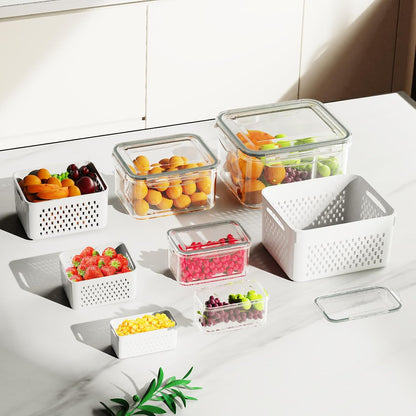 Dayacoco Fruit Storage Containers for Fridge 4 Pcs with Drain Basket | Fridge organizers & storage - 4 fruit containers w/ drain baskets, BPA-free PP, leak-proof seal, stackable, DW/MW safe.