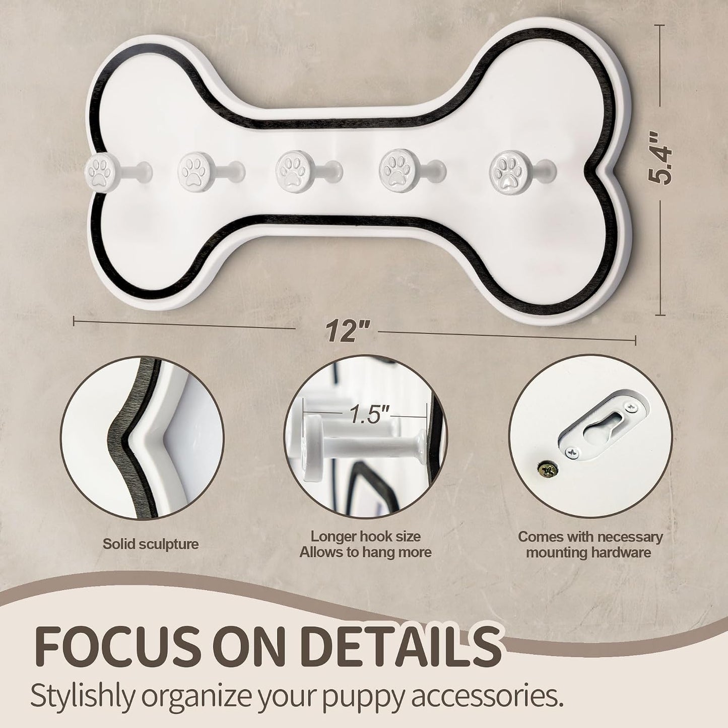 MTERSN Dog Leash Holder Wall Mount with 3D Paws Hooks, Distressed White | Bone-Shaped Dog Leash Holder for Wall, Leash Holder, 5 Dog Leash Hook, Pet Accessories Storage, Gift for Dog Lovers