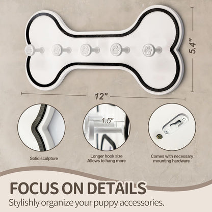 MTERSN Dog Leash Holder Wall Mount with 3D Paws Hooks, Distressed White | Bone-Shaped Dog Leash Holder for Wall, Leash Holder, 5 Dog Leash Hook, Pet Accessories Storage, Gift for Dog Lovers