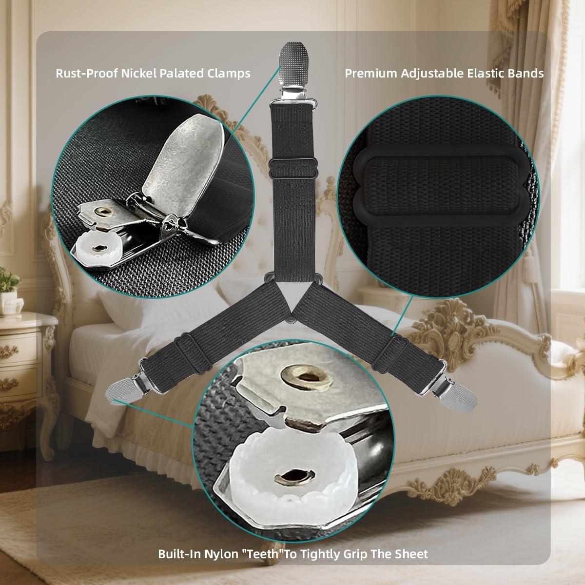 Bed Sheet Retainer Straps,Elasticated Adjustable Mattress Fitted Sheet Clips,Sheet Holder and Mattress Firm and Tight,for Anti-Slip and Anti-Wrinkle Sheets,Suitable of Mattresses,White
