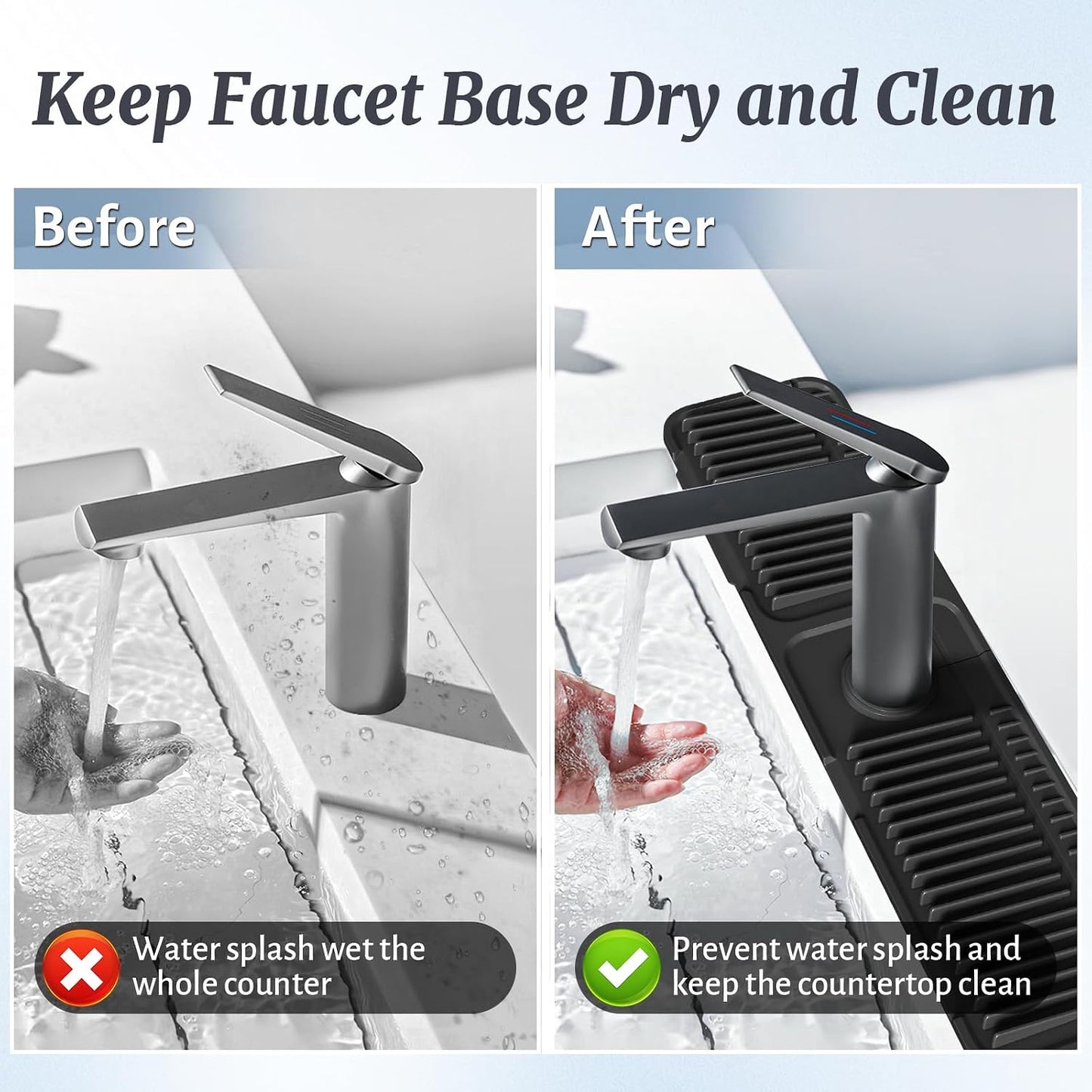 PoYang 24 Inch Faucet Mat for Kitchen Sink Splash Guard, Silicone, Black | Sink Protectors with 7° Slope for Smooth Drainage, Snap Button Holds It in Place, 90° Foldable & Cuttable Hole Fit Most Sinks