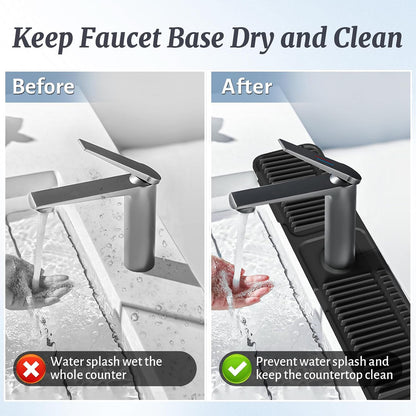PoYang 24 Inch Faucet Mat for Kitchen Sink Splash Guard, Silicone, Black | Sink Protectors with 7° Slope for Smooth Drainage, Snap Button Holds It in Place, 90° Foldable & Cuttable Hole Fit Most Sinks