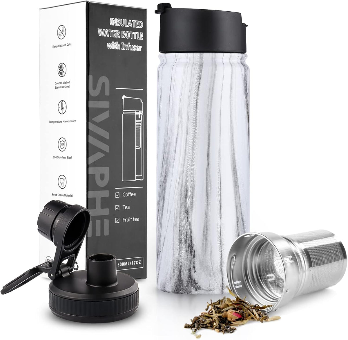Sivaphe Infuser Travel Mug with Removable loose leaf Tea Strainer Tea Filter Water Bottle 18/8 Stainless Steel Insulated Tumbler for Women Rosegold
