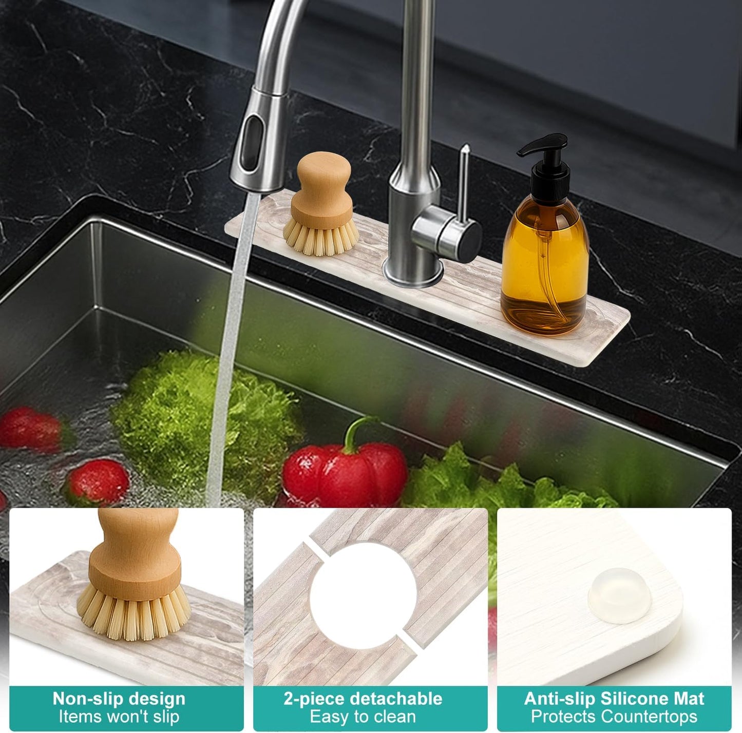 Fast Dry Stone Faucet Mat for Bathroom Sink Kitchen Counter Marble Trays | Small Diatomite Sink Splash Guard White Absorbent Tray Counter Quick Drying Stone Kitchen Diatomaceous Earth Around Faucet