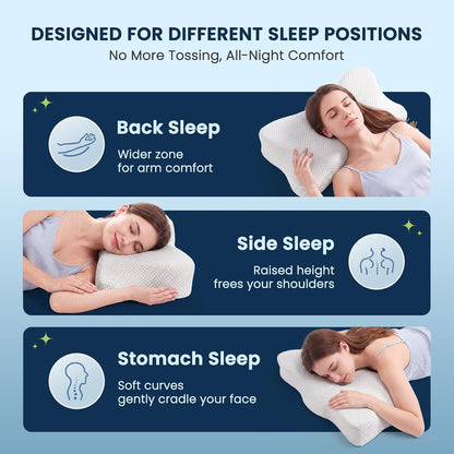 Sweetcrispy Cervical Pillow for Neck and Shoulder - Ergonomic Memory Foam Pillows, Contour Side Sleeper for Adults, Cooling Orthopedic Neck Support for Back Stomach Sleepers, White