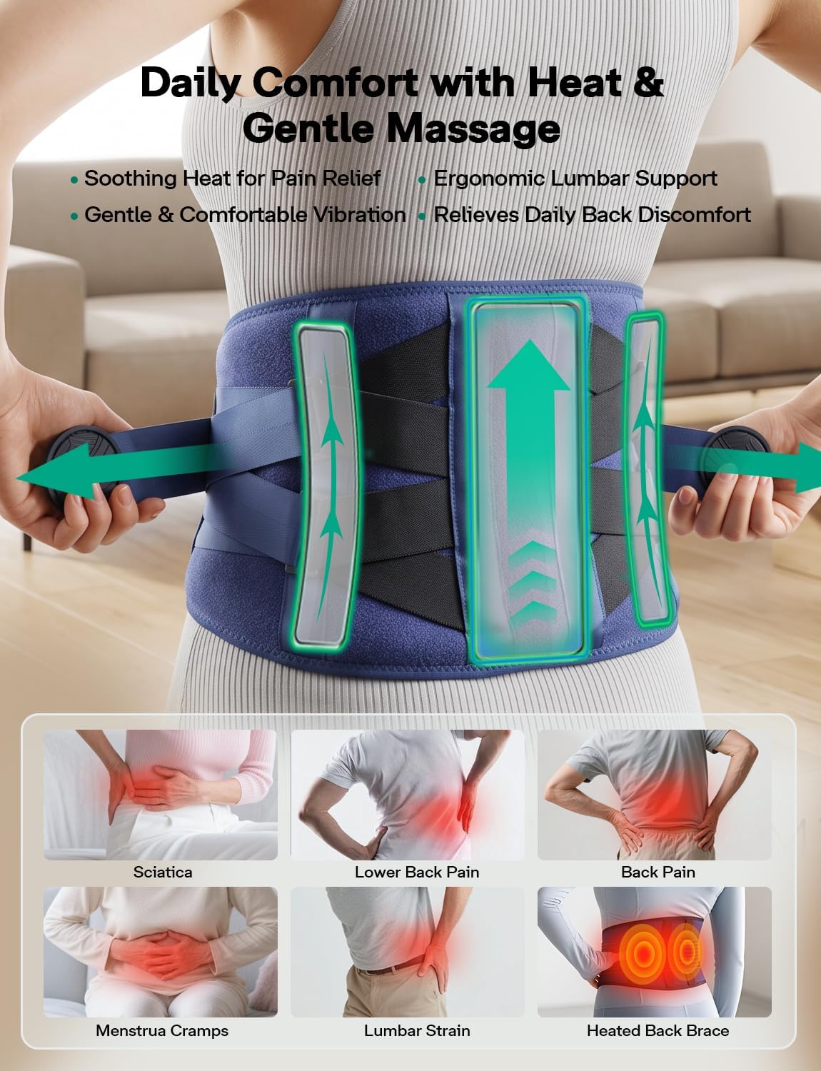 Cordless Heating Pad for Back Pain Relief with Massager, Wearable Portable Back Heating Pad with 3 Heat, 5 Vibration, Timer, Rechargeable Back Brace 47-60", 3 Ways to Power, Gift for Mom Women Men