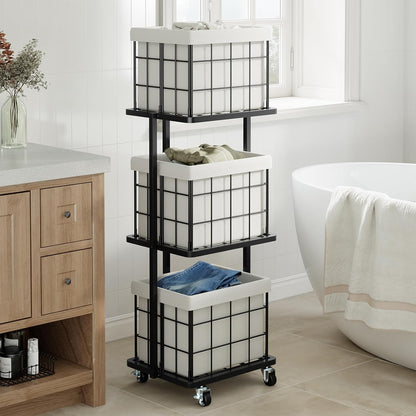 120L Vertical Laundry Sorter,3 Tier Metal Rolling Laundry Basket | Slim Tall Laundry Hamper 3 Section with wheels and 3 Removable Bags for Small Spaces, Dorm, Bathroom, Laundry Room, White