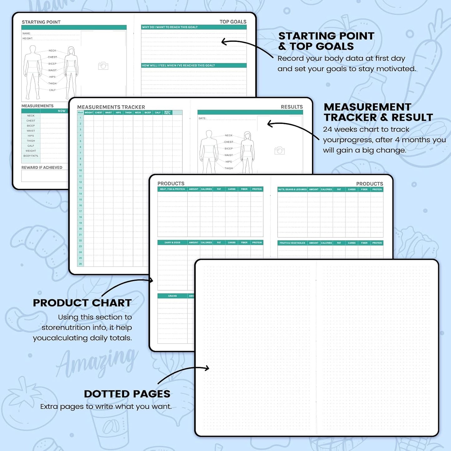 Food Journal - Journal for Women Weight Loss, 5.8" x 8.3", 6 Months Meal Planner to Count Calories Health Journals for Women/Men, Keep Healthy Diet & Achieve Fitness Goals - Rose Gold