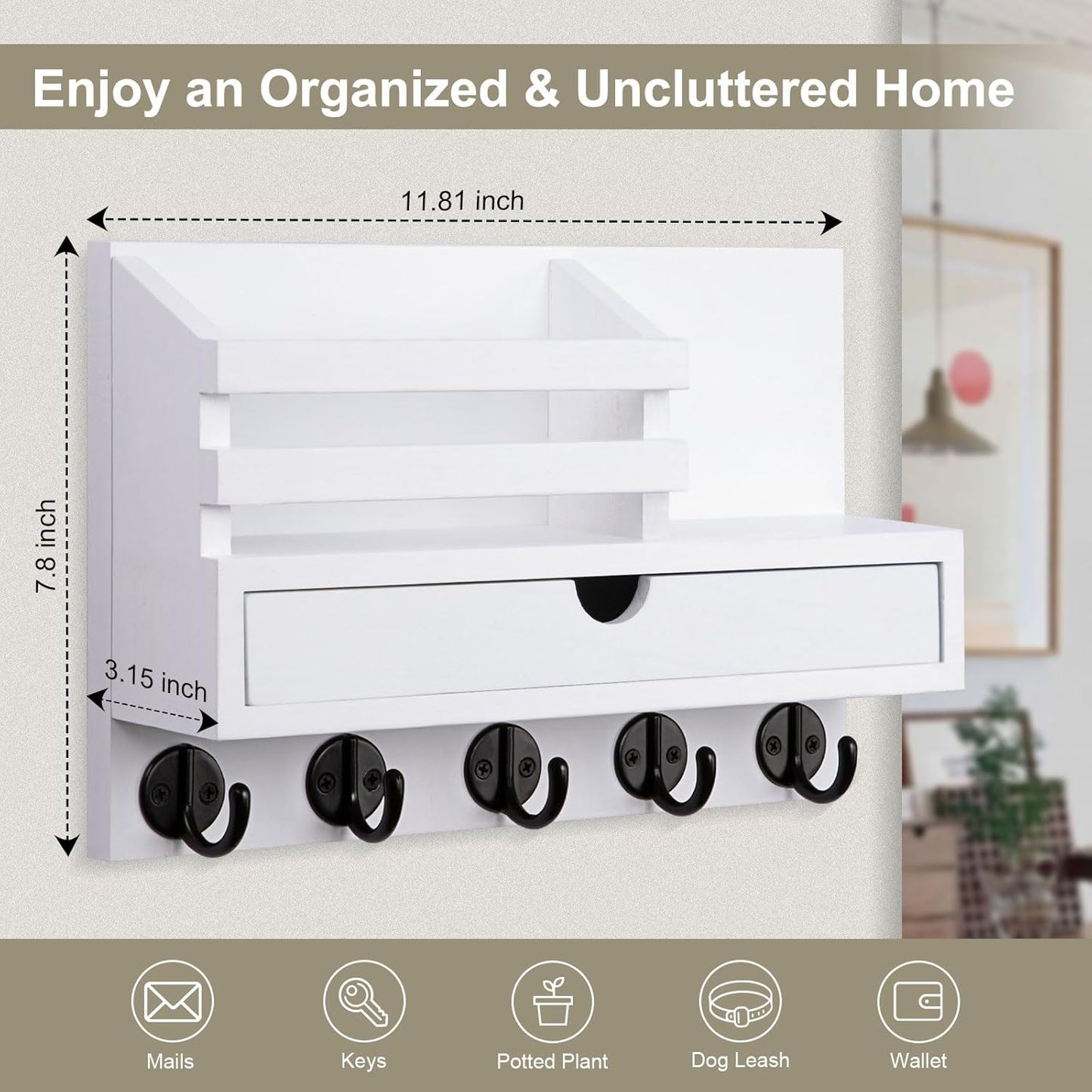Key Holder Wall Mount, Mail Holder with Storage Drawer | Key and Mail Holder with 5 Key Hooks for Coat, Dog Leash, Home Decor Rack, House Accessories, Entry Way Organizer