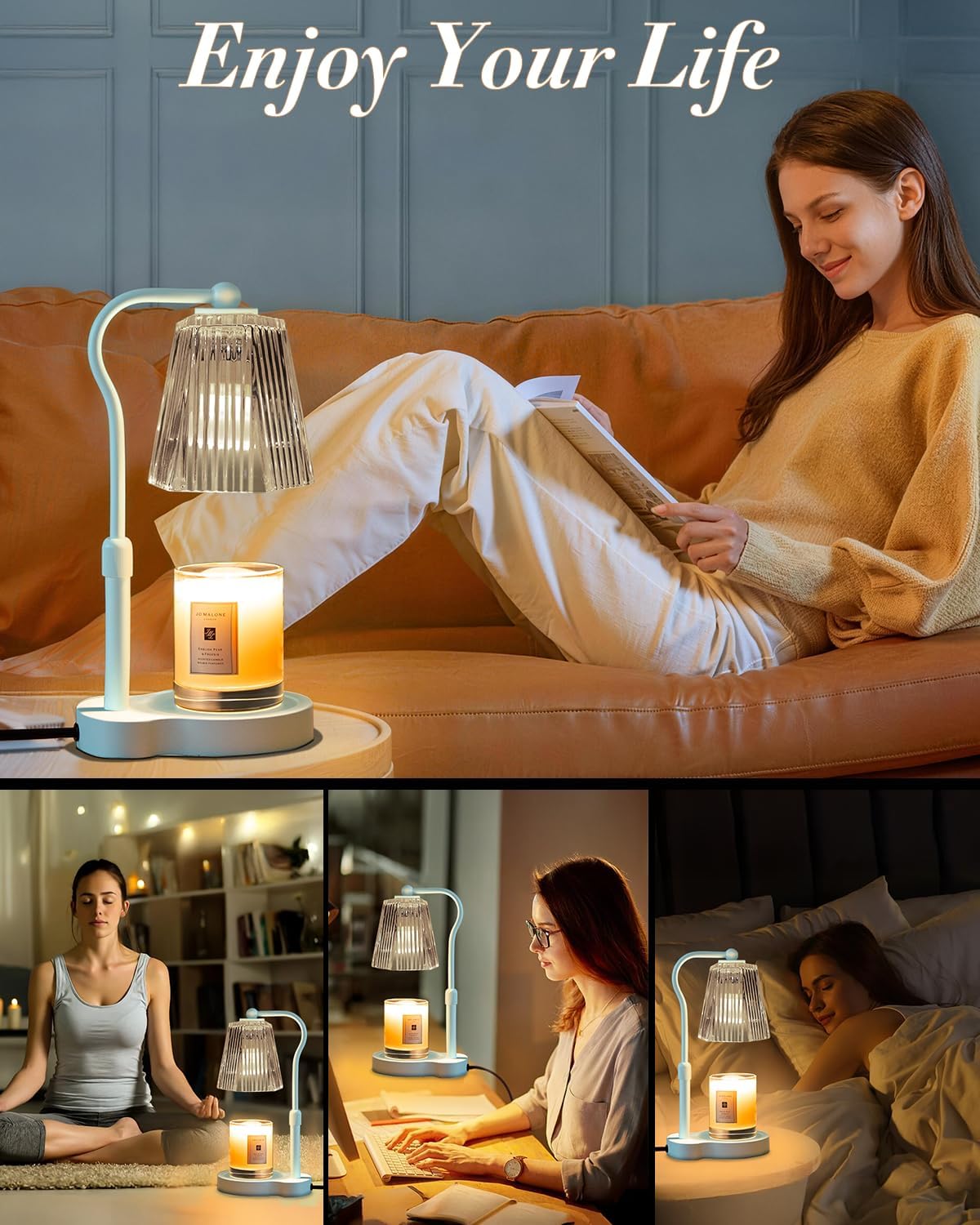 Candle Warmer Lamp with Timer & Dimmable Settings, Adjustable Height Flameless Scented Wax Melter for Jar Candles, Elegant Home Decor Warmer Lamp with 2 Bulbs, Gift for Women Mom Friend Family, White