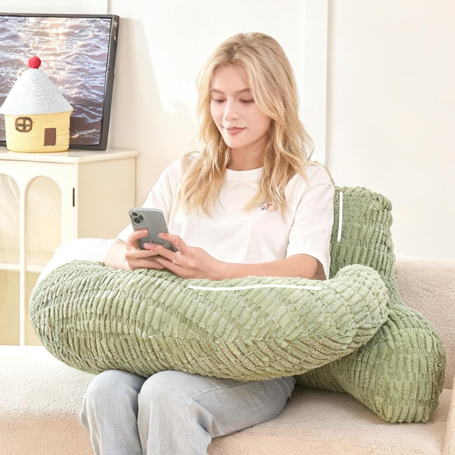Reading Pillow with Arms for Sitting in Bed,Backrest,White Flannel,M | 17" Backrest Supports Back for College Students,Elbows & Forearms for Dorm Reading,Gaming,Watching TV