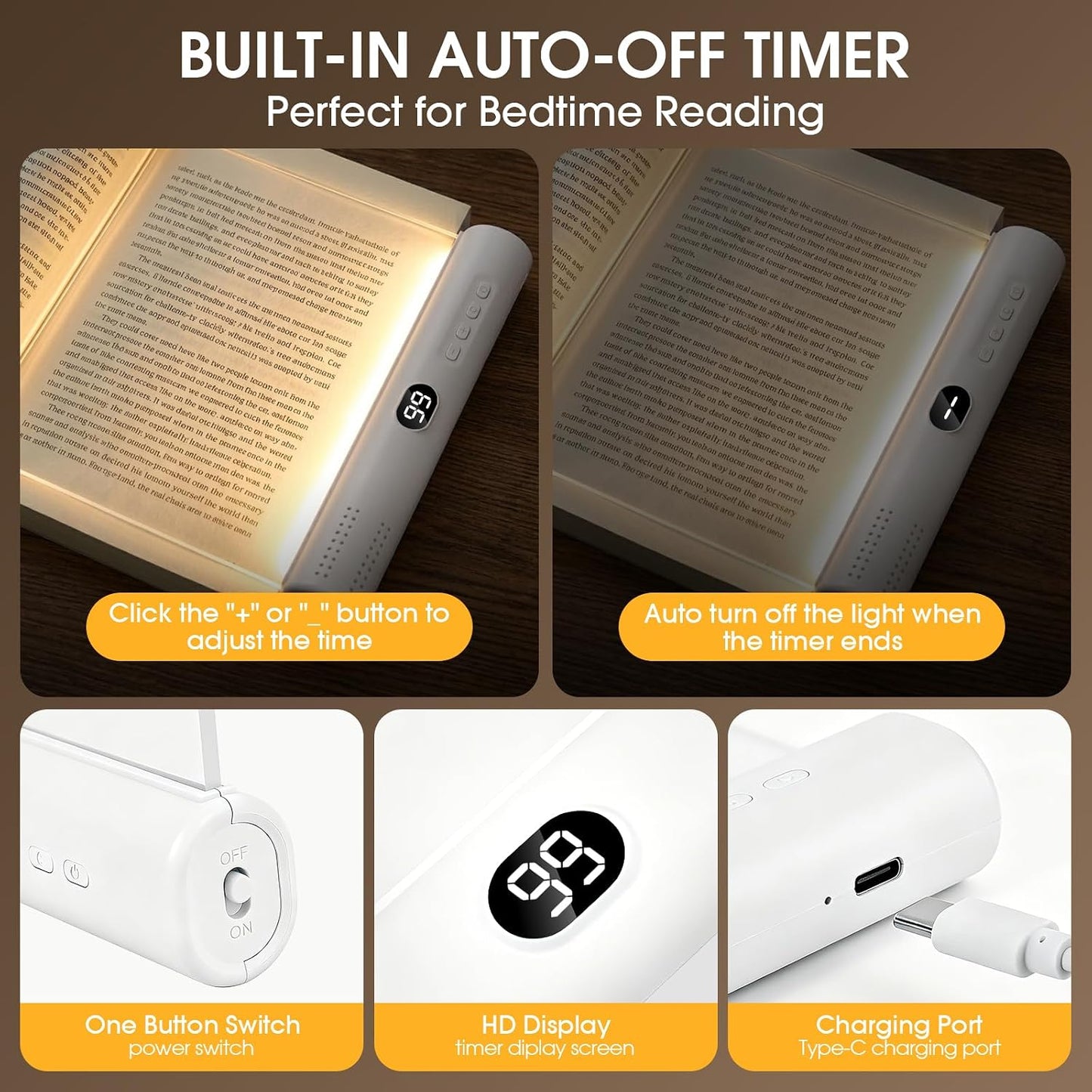 Flat LED Book Light Rechargeable Portable Reading Lamp with 3 Color Temperatures Stepless Dimming Eye Protection Night Reading Light for Bed and Travel (White)