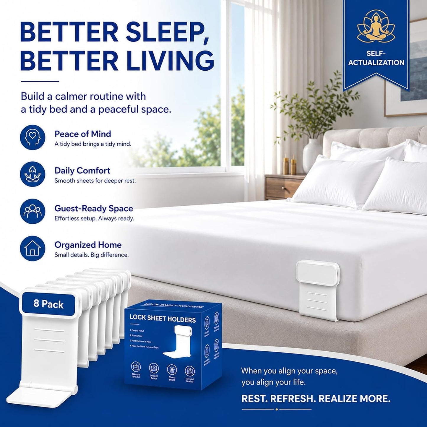 8pcs Bed Sheet Holders for Corners for King and Queen Beds Bed ABS&PC, 10 Non-Slip Mats, 180 Degrees Fold, Snap-Fastener Design, Adjustable Strap Clips, Tight Grippers - White Large