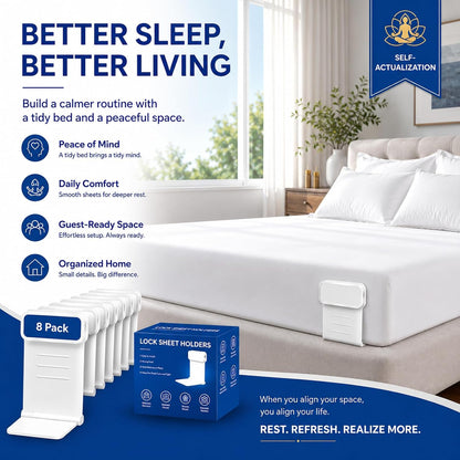 8pcs Bed Sheet Holders for Corners for King and Queen Beds Bed ABS&PC, 10 Non-Slip Mats, 180 Degrees Fold, Snap-Fastener Design, Adjustable Strap Clips, Tight Grippers - White Large