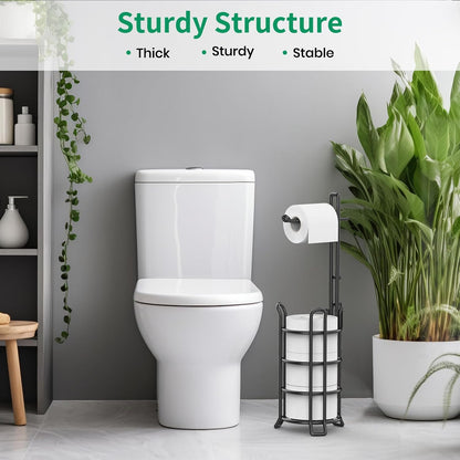 TomCare Toilet Paper Holder Free Standing with Shelf, Stable 4 Raised Feet | Stores 4 Mega Rolls, Tool-Free Assembly, Powder-Coated Metal Frame, Bathroom Storage Organizer for Spare Rolls, Silver