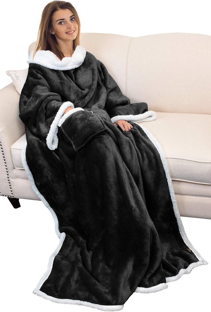 Catalonia Sherpa Wearable Blanket with Sleeves and Pocket for Adults