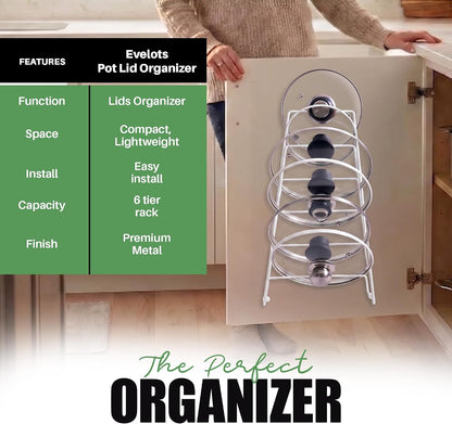 Evelots 6 Pot Lid Organizer for Cabinet Door or Pantry Wall - Closet Door Pots and Pans Lids Holder - Glass or Metal Pan Covers Cabinet Organizer Kitchen Storage - White 6 Tier Lid Rack