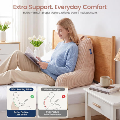 Reading Pillow for Sitting up in Bed, Adjustable Memory Foam Bed Rest Pillow, Wide-wale Plush Cover Machine Washable, Neck Back and Lumbar Support Pillow-Grey