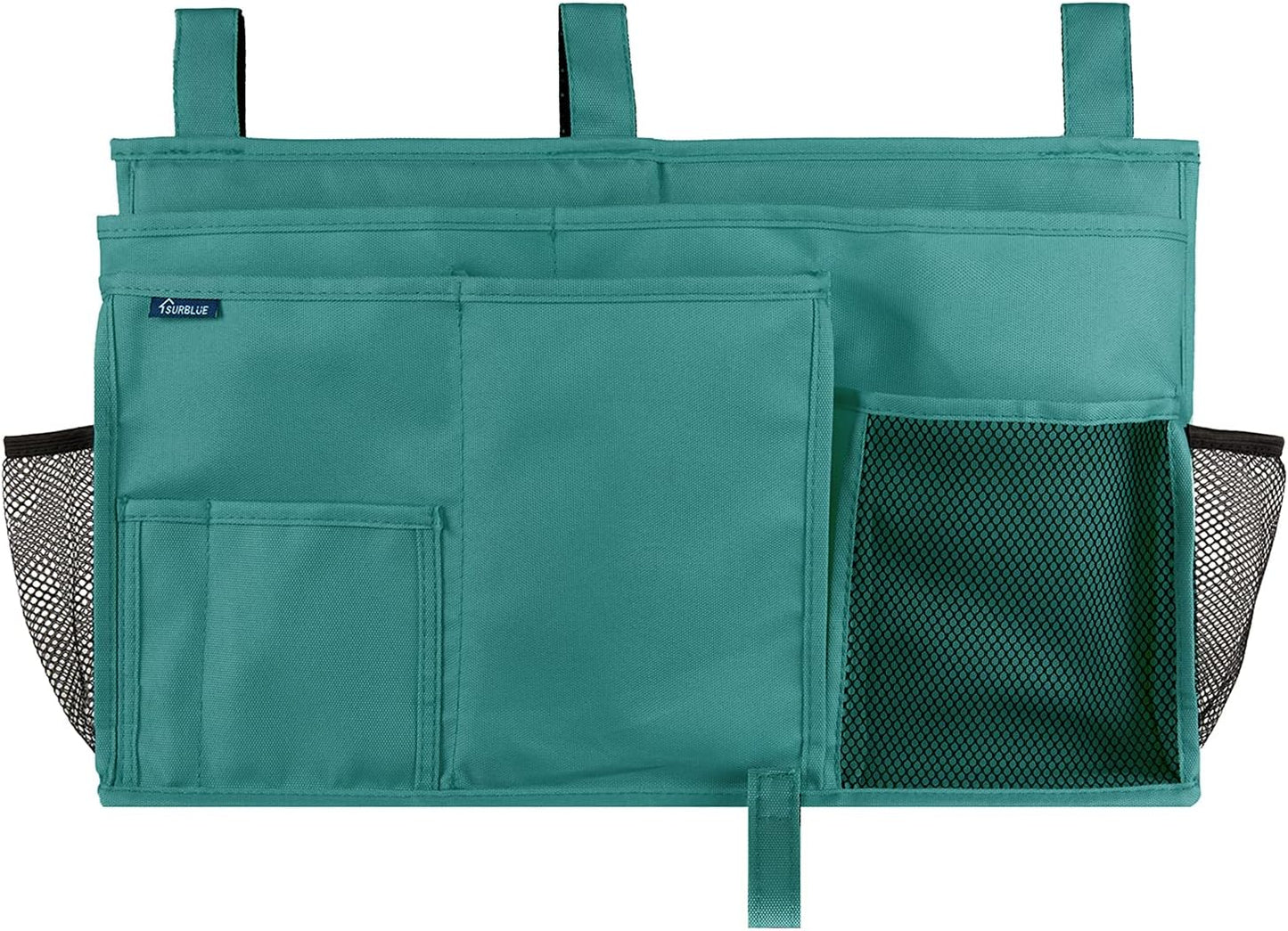 Surblue Bedside Caddy Hanging Organizer Storage Bag Pocket for Bunk, Hospital, College Dorm Rooms, Baby Bed Rails, Camp - 4 Pockets, 2 Hooks (Blue)