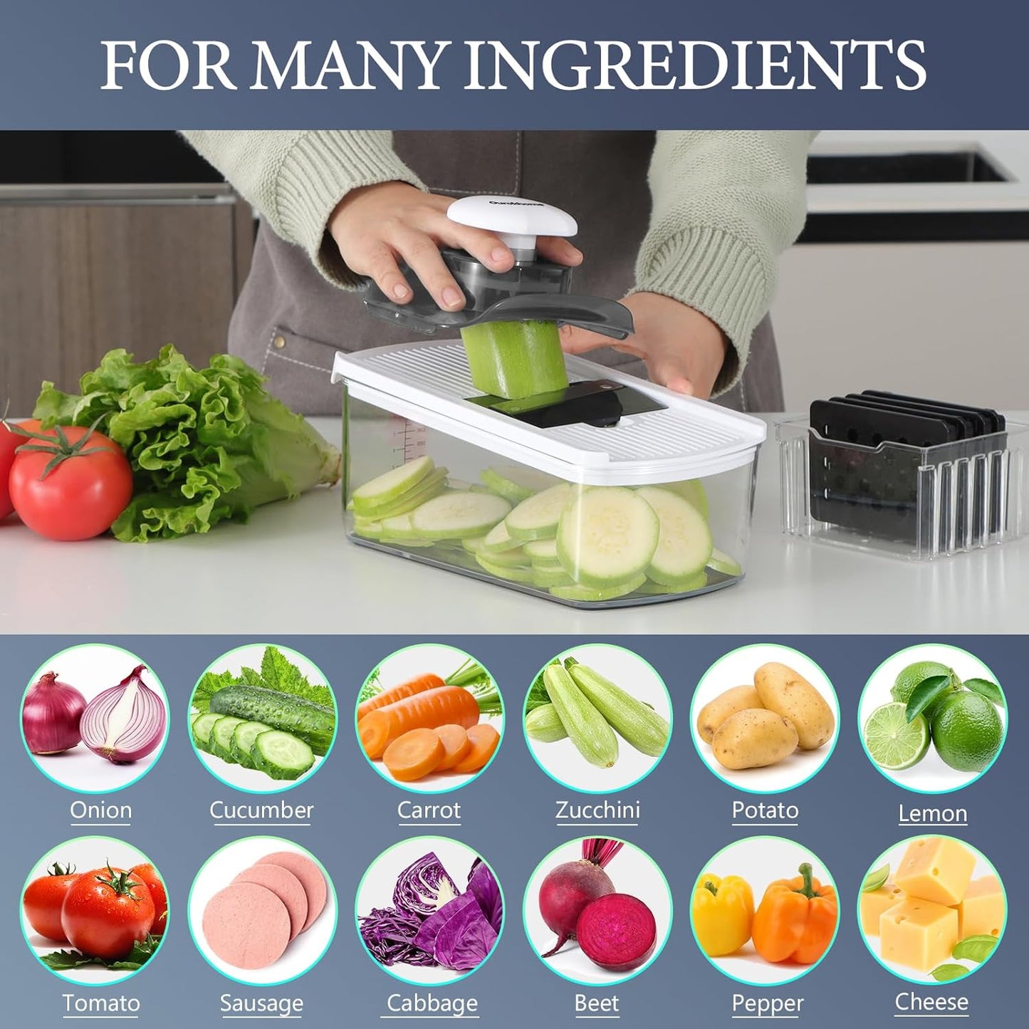 Ourokhome Mandolin Slicer for Kitchen Food, Hand Safe Vegetable Shredder with 6 Mandoline Blades, Veggie Waffle Cutter for Potato, Carrot, Zucchini, Onion, Essential Kitchen Gadgets (6 in 1, Gray)