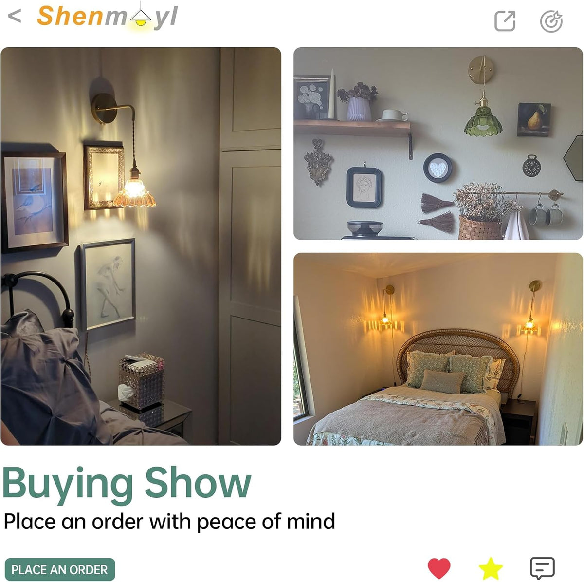 Shenmoyl Battery Operated Wall Sconce Wall Lamp with Green Lily of the Valley Shade Pattern Glass Adjustable Chain Retro Gold Wall Mounted Light, Modern Wall Lamp Fixtures Decor for Bedside Bedroom