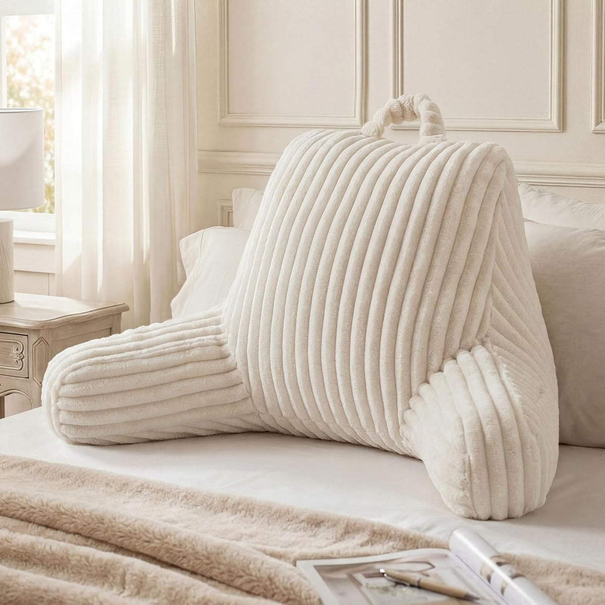 Blissful Diary Reading Pillow, Backrest Pillow with Shredded Memory Foam for Adult & Children, Designed for Bed and Couch Sitting Up, Includes Arms, Pockets and Washable Cover, Off White