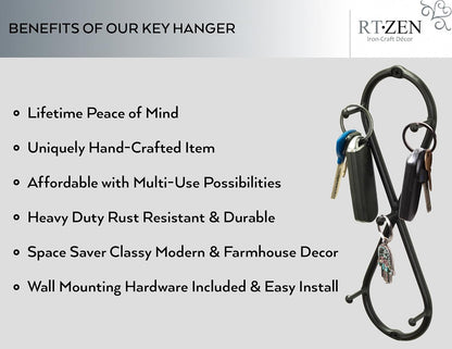 Farmhouse Small Key Holder for Wall, Wrought Iron Wall Mount Rack | Handcrafted Swirl Decorative, 5 Key Hooks for Home Entryway, Purse, Coat and Leash Holder or Organizer (Classic Black)