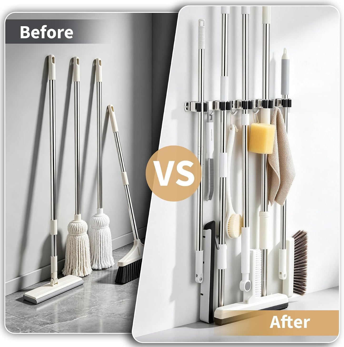 Broom Holder Wall Mount, Mop Organizer, 5 Racks, 4 Hooks, Heavy Duty | Rust-Resistant Stainless Steel, Non-Slip Grip, Adhesive or Screw Mount for Garage, Laundry Room and Garden Use, 1 Pack,Silver