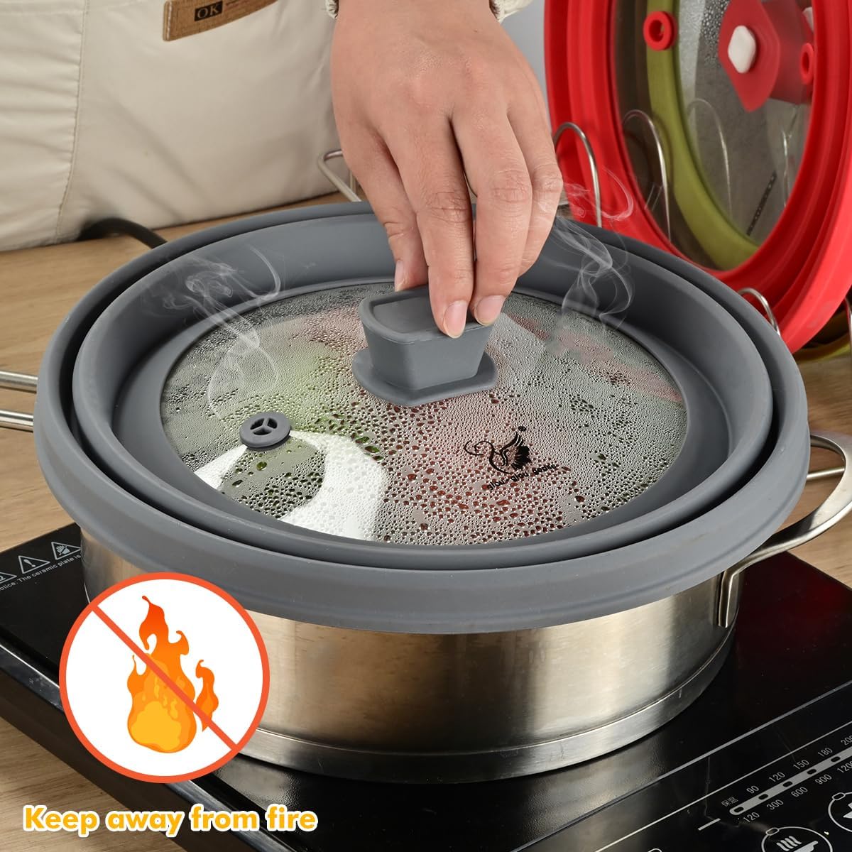 Microwave Splatter Cover Glass Splatter Guard Lid with Collapsible Silicone for Food Pot Cover Plate Cover 10.8 inch Black
