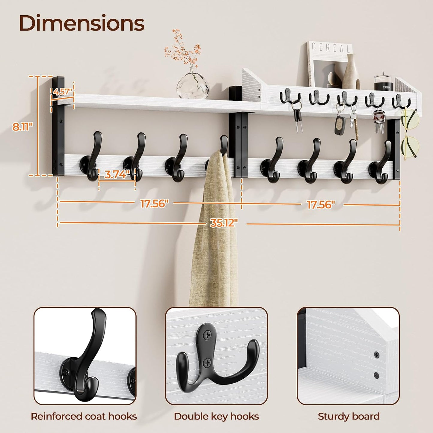 Evermagin 29" Coat Rack Wall Mount with Shelf for Entryway, Rustic Brown | Wall Mounted Coat and Key Rack with Hooks, Key Holder with Mail Organizer for Wall, Living Room, Mudroom, Bedroom