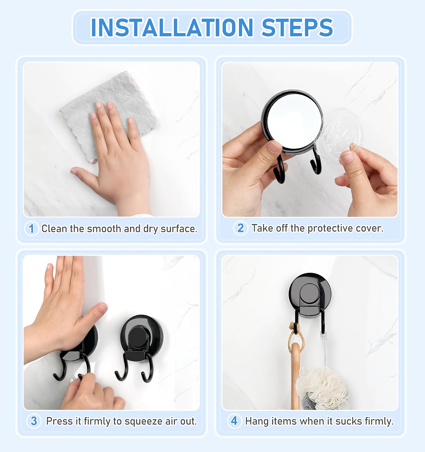 VIS'V Shower Suction Cup Hooks, Removable and Reusable, Black, 2 Pcs | Double Hooks Design, Heavy Duty, Strong Vacuum Suction, Fits for Smooth Flat Surfaces