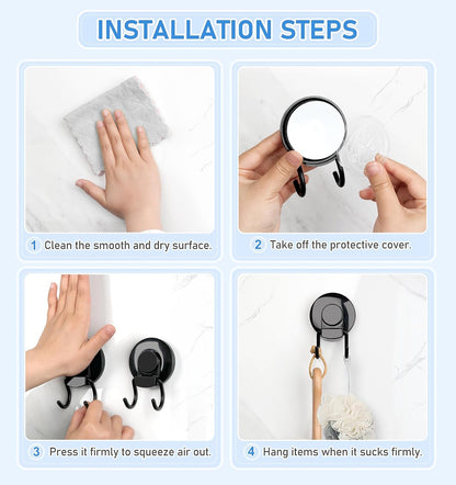 VIS'V Shower Suction Cup Hooks, Removable and Reusable, Black, 2 Pcs | Double Hooks Design, Heavy Duty, Strong Vacuum Suction, Fits for Smooth Flat Surfaces