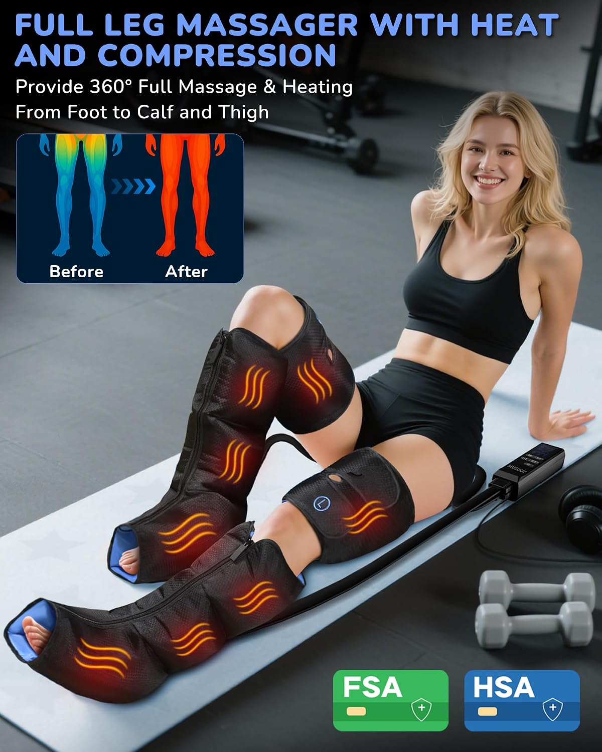 Leg Compression Massager with Heat for Circulation and Pain Relief | Sequential Full Leg Air Compression Boots, Recovery System, 6 Mode, 9 Intensity, 3 Heat, Plug-in Use, Mom, Dad, Athletes, Gym