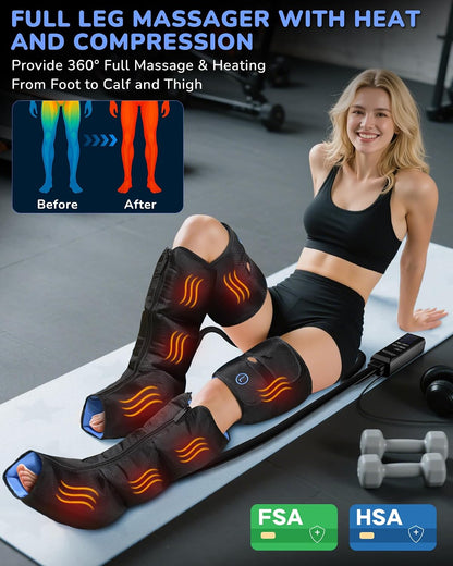Leg Compression Massager with Heat for Circulation and Pain Relief | Sequential Full Leg Air Compression Boots, Recovery System, 6 Mode, 9 Intensity, 3 Heat, Plug-in Use, Mom, Dad, Athletes, Gym