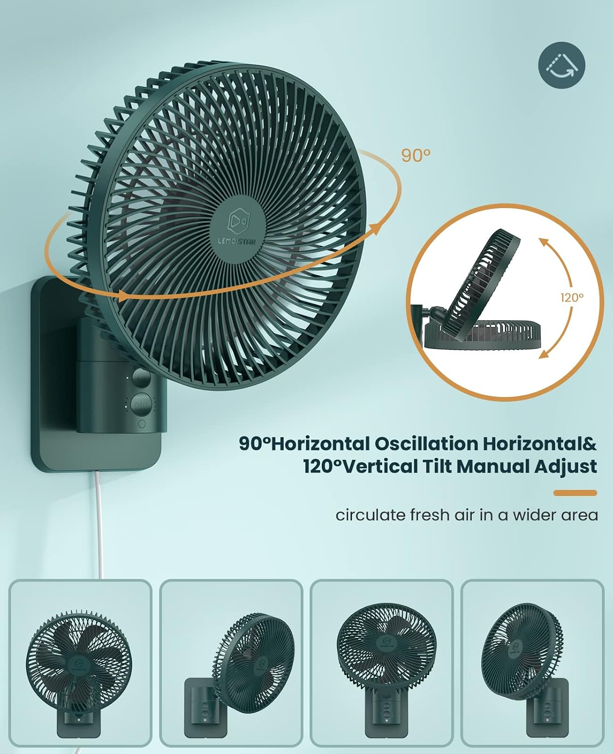 LEMOISTAR 8 Inch Small Wall Mounted RV Fan with Remote Control, 90° Oscillating, 4 Speeds, 4 Timer, Adjustable Tilt, 70 Inch Cord, Quiet, for Corner Bedroom Home Office Garage-Black