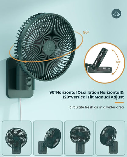 LEMOISTAR 8 Inch Small Wall Mounted RV Fan with Remote Control, 90° Oscillating, 4 Speeds, 4 Timer, Adjustable Tilt, 70 Inch Cord, Quiet, for Corner Bedroom Home Office Garage-Black