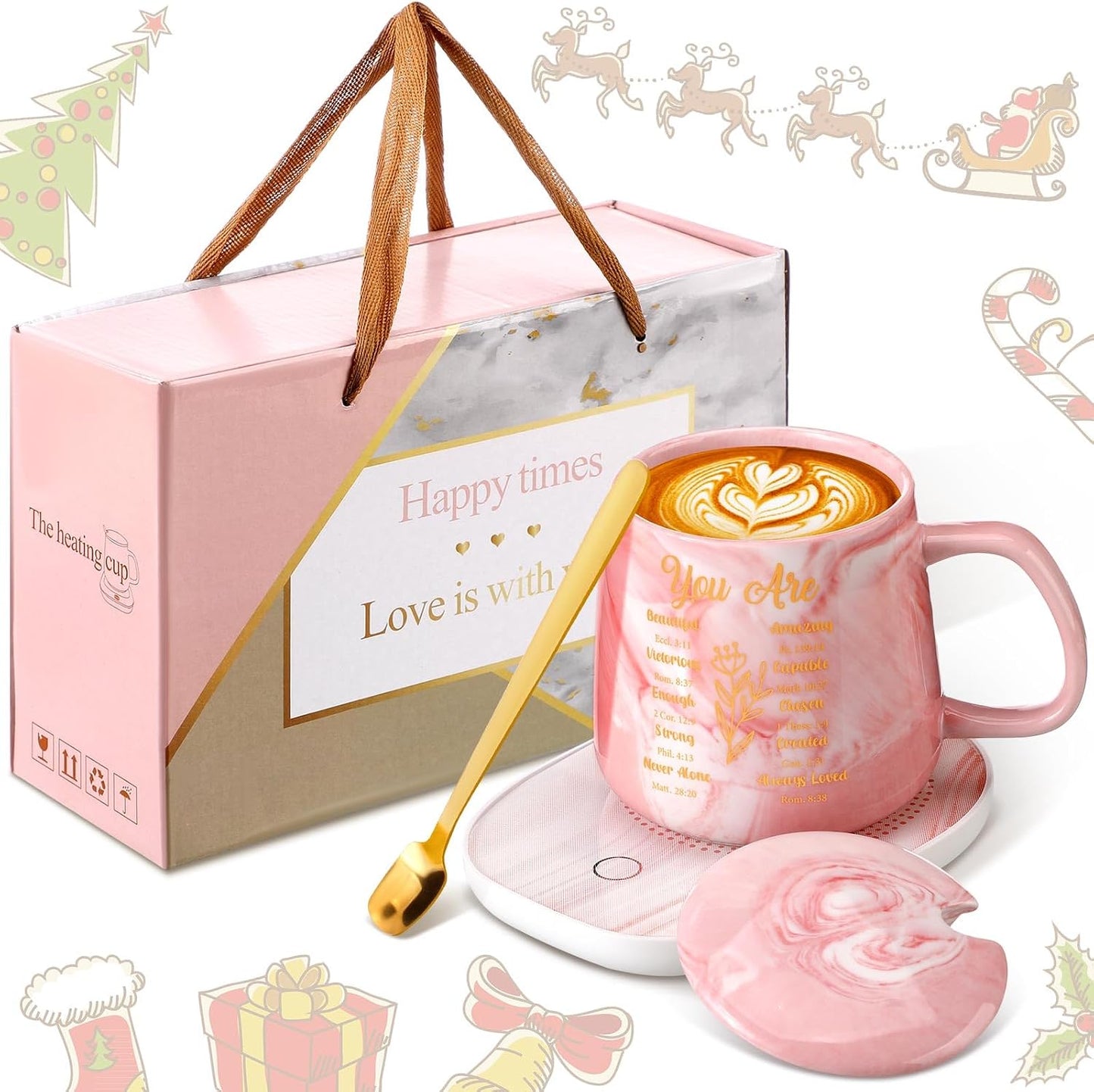 Nitial Bible Verse Coffee Mug Warmer Set Christian Coffee Mug Warmer | God Say You Are, Bible Verse Coffee Mug and Mug Warmer, Christian Gifts for Women, Pink Marble Mug, Teacher Mom Coworker