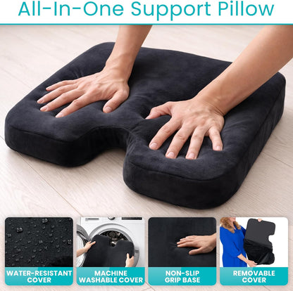 Vive Memory Foam Seat Cushion – Tailbone Pain Relief, Sciatica, Coccyx | Back Support for Office Chair, Car Seat, Wheelchair & Airplane, Water-Resistant Cover, 2-Layer Foam Comfort, Wheelchair