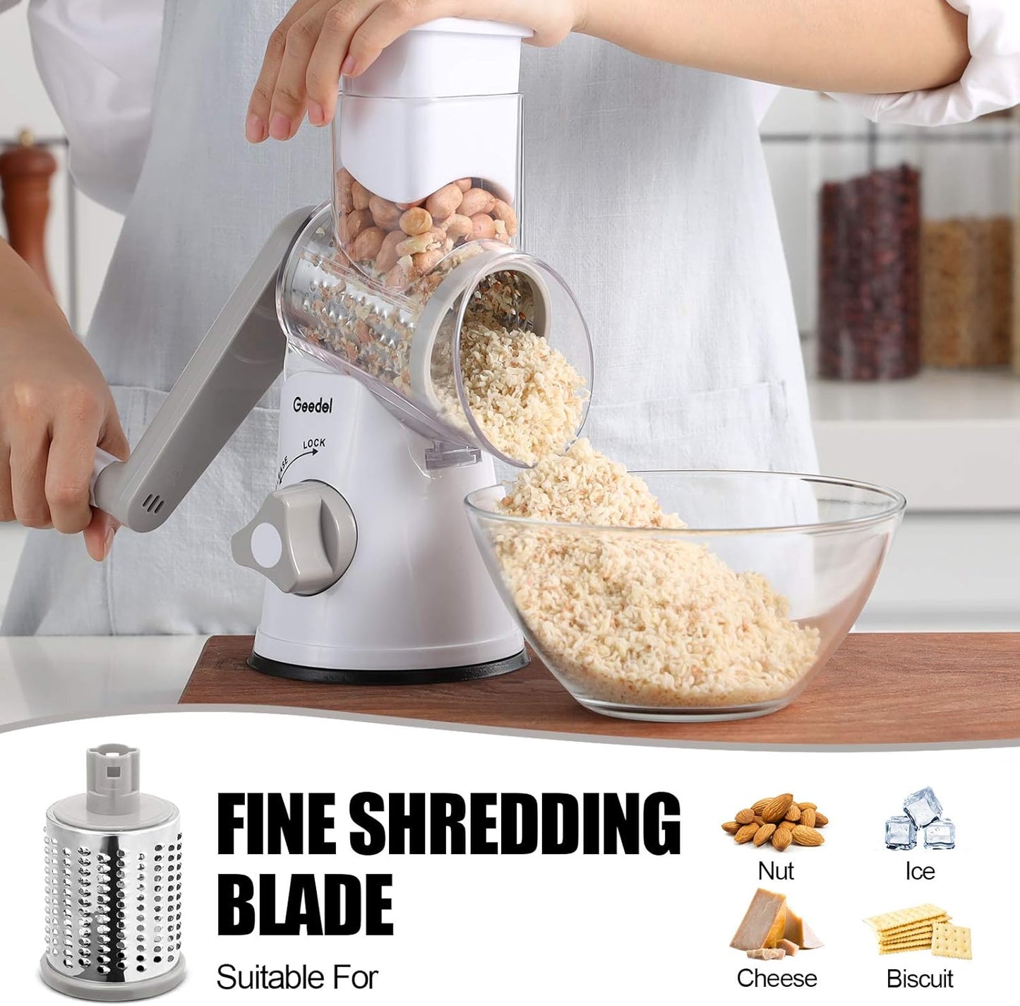 Geedel Rotary Cheese Grater, Kitchen Mandoline Vegetable Slicer with 3 Interchangeable Blades, Easy to Clean Rotary Grater Slicer for Fruit, Vegetables, Nuts | 3 Blades, 430 Stainless Steel, 12x Fast Cutting, Strong Suction Base, No BPA, Dishwasher Safe,