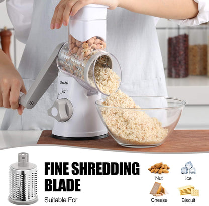 Geedel Rotary Cheese Grater, Kitchen Mandoline Vegetable Slicer with 3 Interchangeable Blades, Easy to Clean Rotary Grater Slicer for Fruit, Vegetables, Nuts | 3 Blades, 430 Stainless Steel, 12x Fast Cutting, Strong Suction Base, No BPA, Dishwasher Safe,