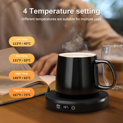 Coffee Mug Warmer & Pure Black Mug Set, Electric Cup Warmer for Desk | Beverage Warmer Plate for Coffee,Tea,4 Temperature Setting,8-Hours Auto Shut Off,14oz Mug with Spoon & Bamboo Lid Included