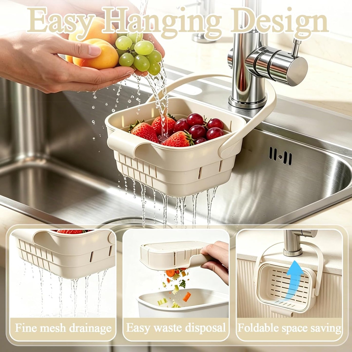 Foldable Hanging Sink Drain Basket, Hanging Sink Basket (Green) | No-Drill Foldable Design Saves Sink Space with Fast Drainage for Food Scraps, Sponge Storage, Fruit Rinsing and Kitchen Use