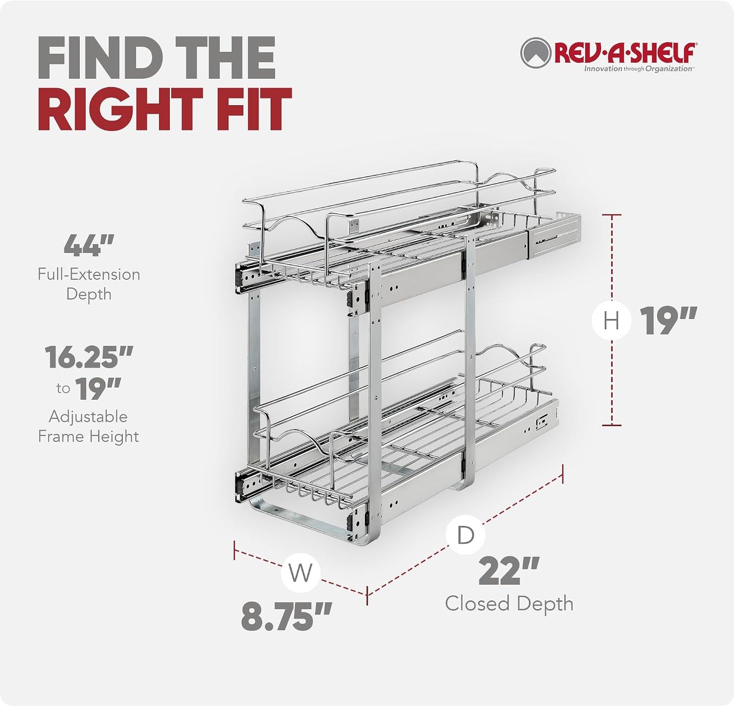 Rev-A-Shelf Pullout Organizer for Cabinets, Min Opening Width of 18" | STwo-Tier Steel Shelf for Kitchen or Vanity Cabinet Organization, Heavy Gauge Wire Slide Out Storage Basket, 5WB2-1822CR-1